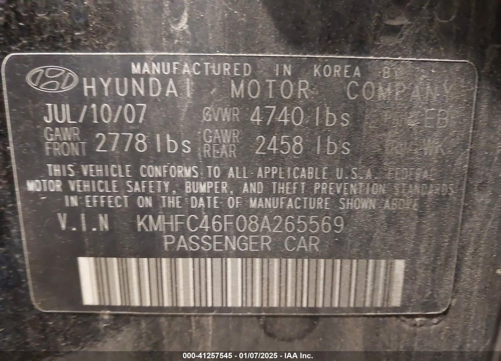 2008 HYUNDAI AZERA LIMITED VIN: KMHFC46F08A265569