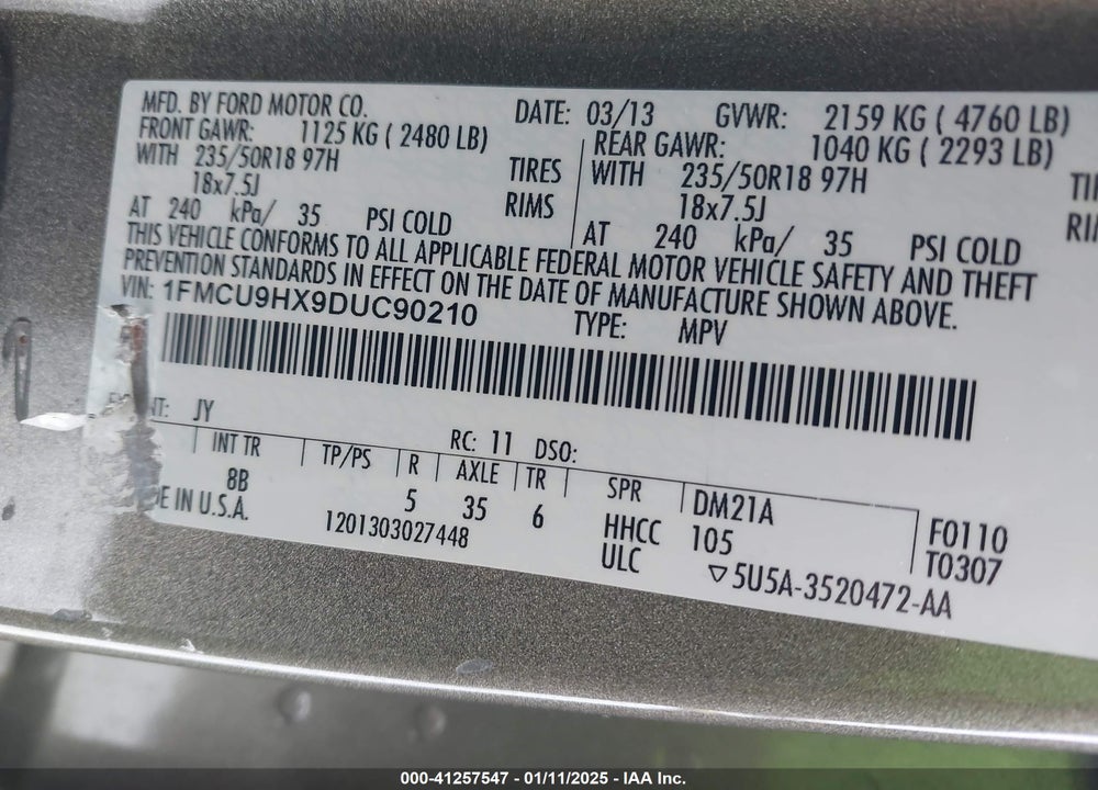 2013 FORD ESCAPE SEL VIN: 1FMCU9HX9DUC90210