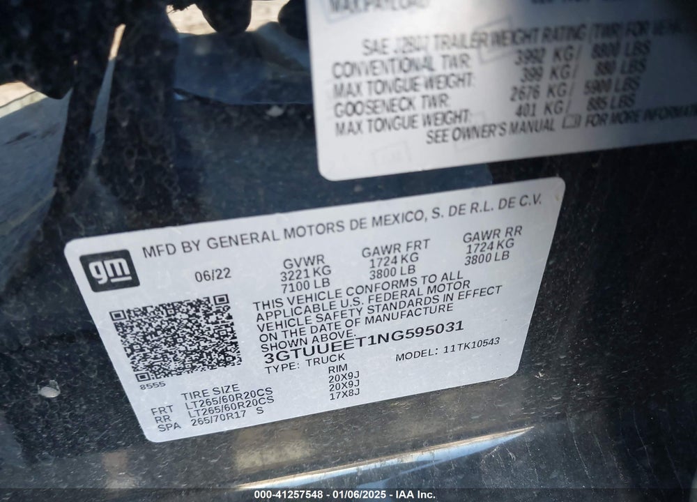 2022 GMC SIERRA 1500 4WD SHORT BOX AT4 VIN: 3GTUUEET1NG595031