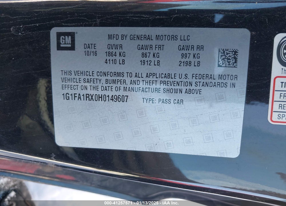 2017 CHEVROLET CAMARO 1LT VIN: 1G1FA1RX0H0149607