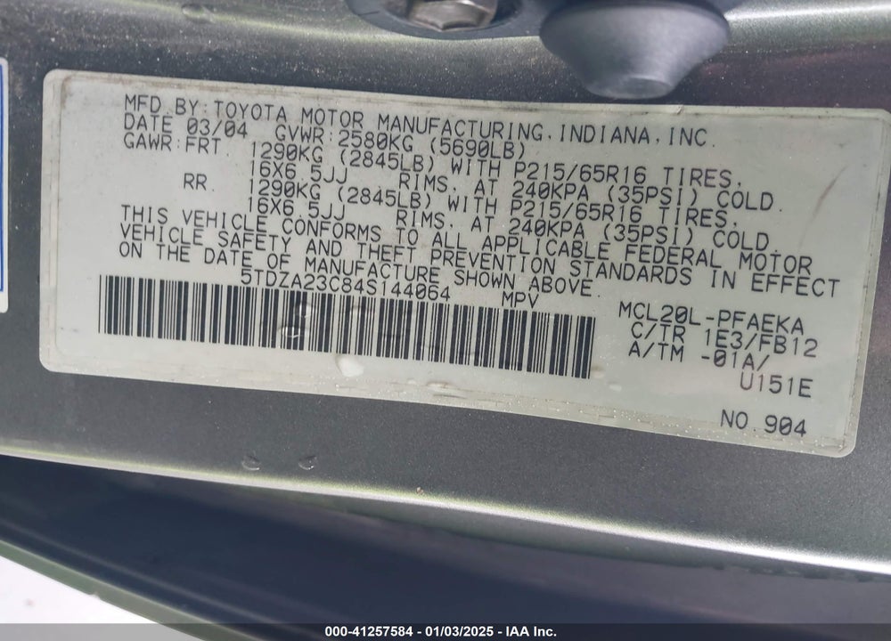 2004 TOYOTA SIENNA LE VIN: 5TDZA23C84S144064