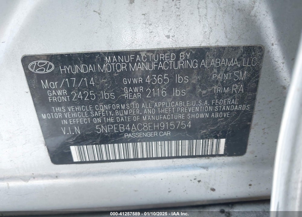 2014 HYUNDAI SONATA GLS VIN: 5NPEB4AC8EH915754