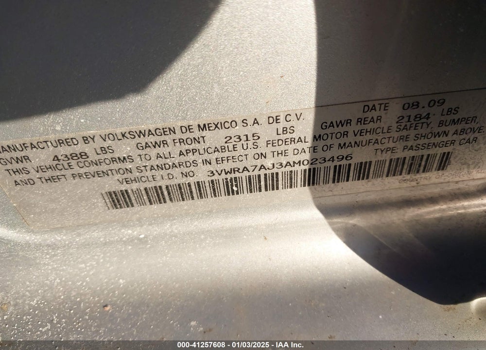 2010 VOLKSWAGEN JETTA VIN: 3VWRA7AJ3AM023496