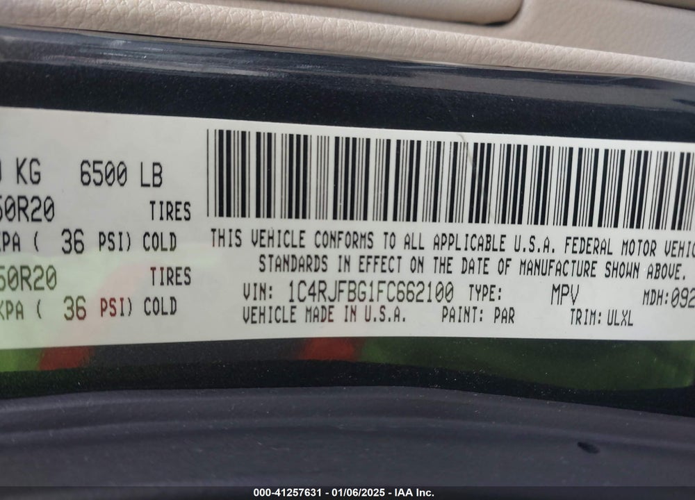 2015 JEEP GRAND CHEROKEE VIN: 1C4RJFBG1FC662100