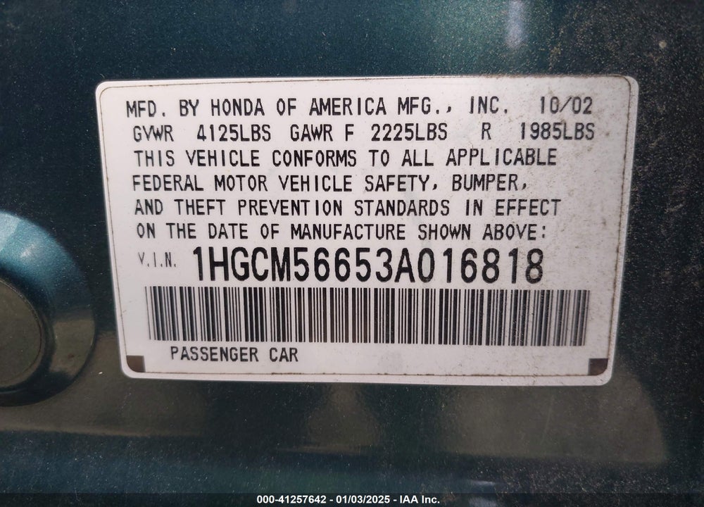 2003 HONDA ACCORD 2.4 EX VIN: 1HGCM56653A016818