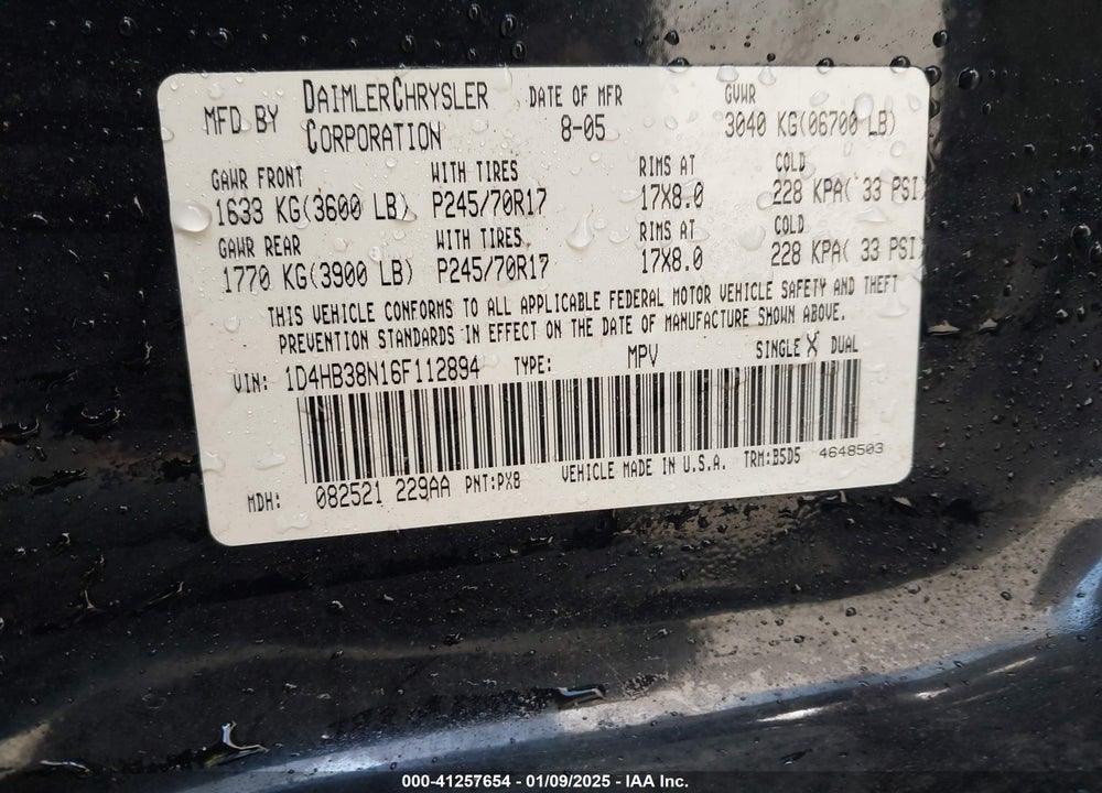2006 DODGE DURANGO VIN: 1D4HB38N16F112894