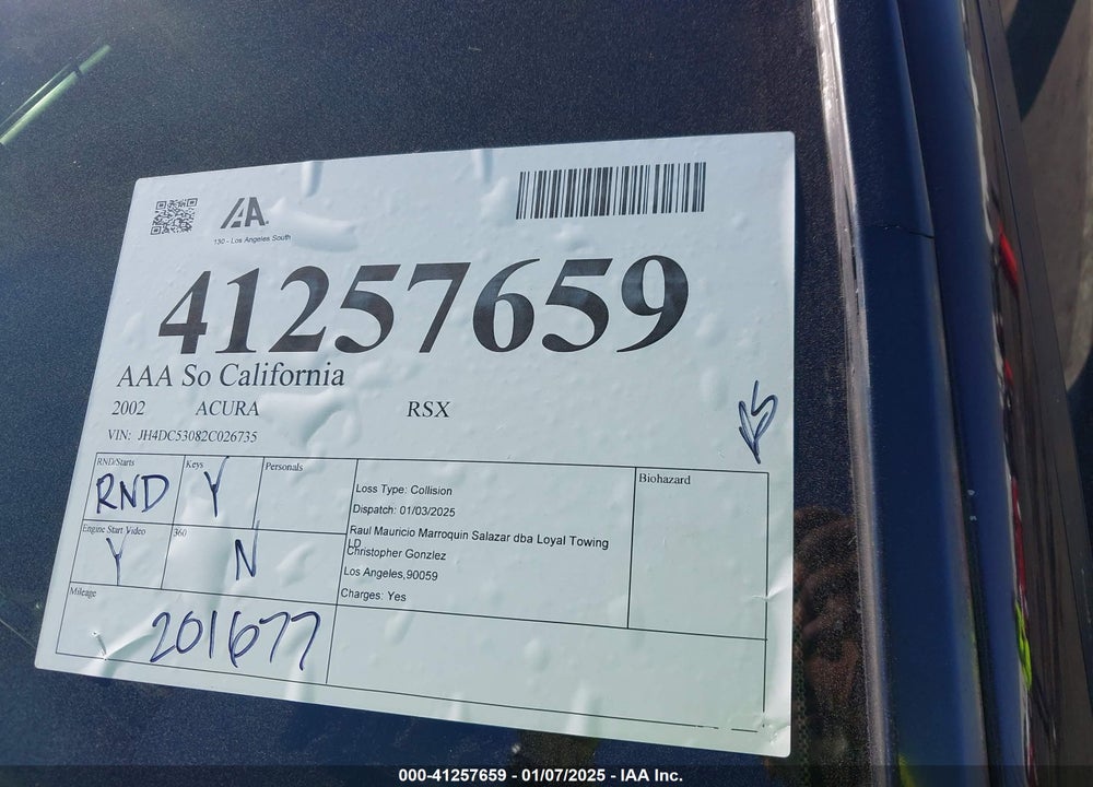 2002 ACURA RSX TYPE-S VIN: JH4DC53082C026735
