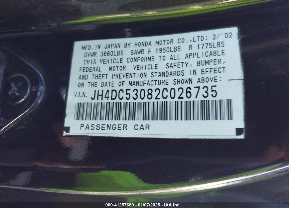2002 ACURA RSX TYPE-S VIN: JH4DC53082C026735