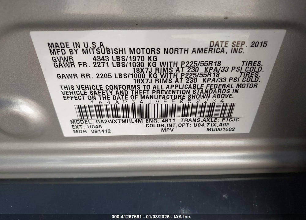 2015 MITSUBISHI OUTLANDER SPORT ES VIN: 4A4AP3AU9FE052234
