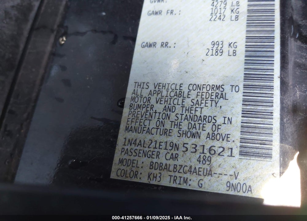2009 NISSAN ALTIMA 2.5 S VIN: 1N4AL21E19N531621