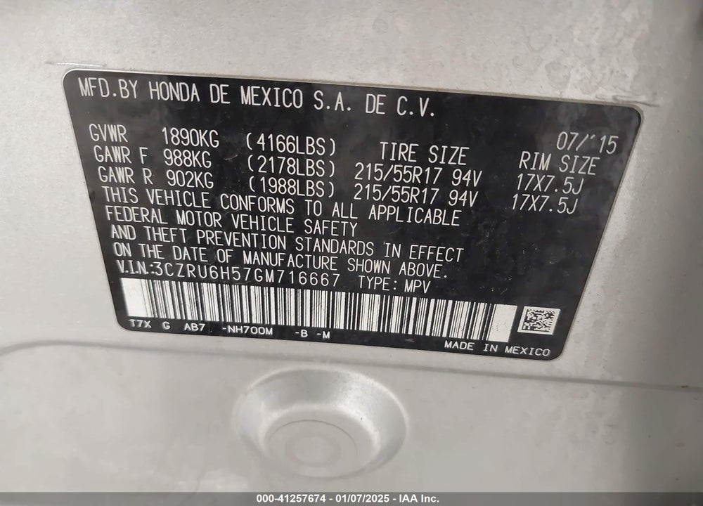 2016 HONDA HR-V EX VIN: 3CZRU6H57GM716667
