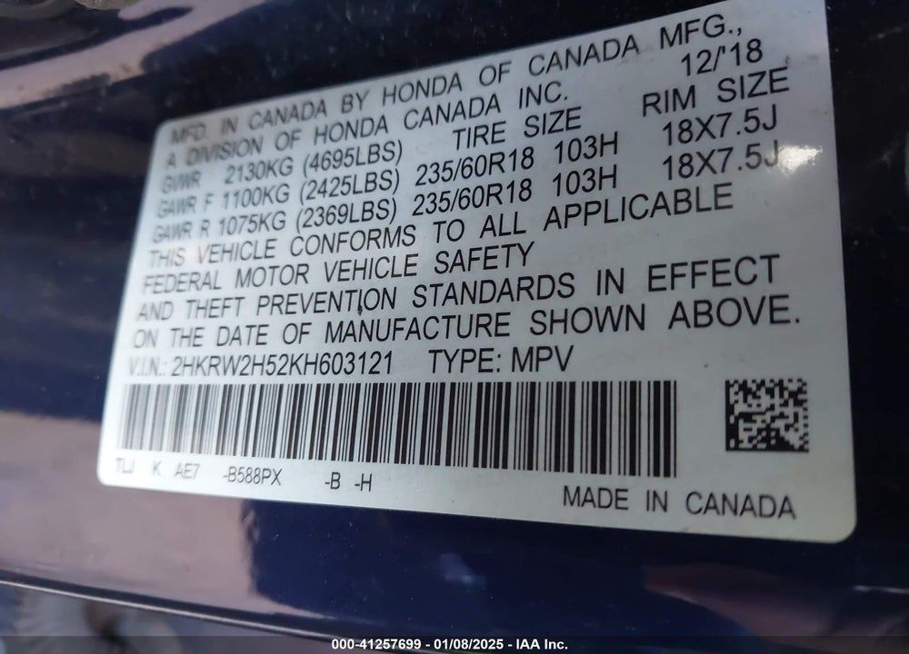 2019 HONDA CR-V EX VIN: 2HKRW2H52KH603121