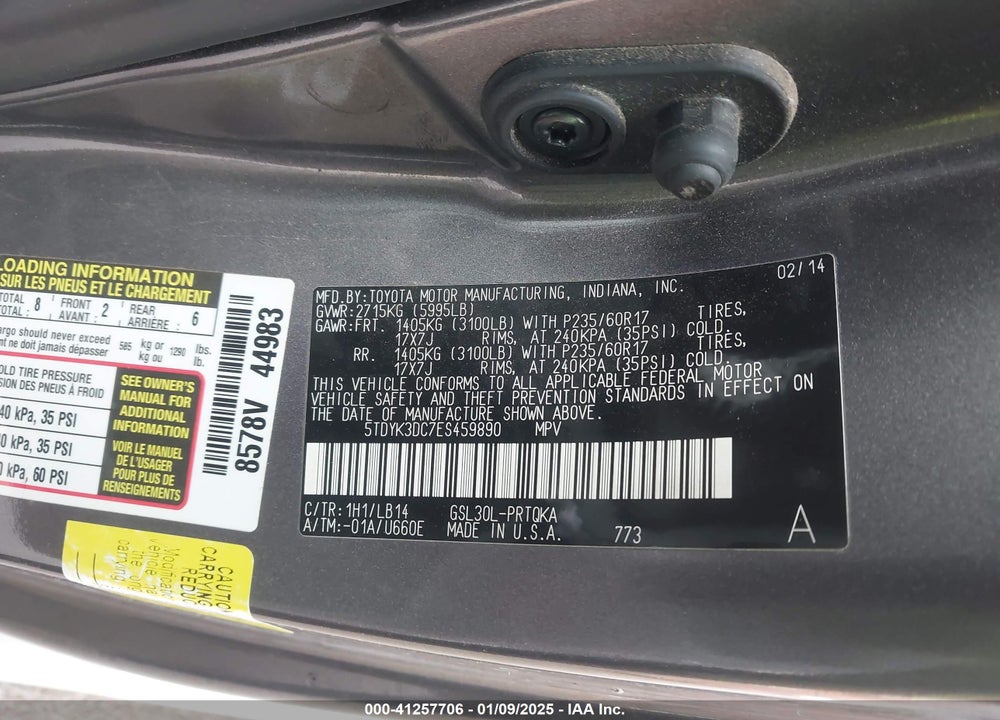 2014 TOYOTA SIENNA XLE LIMITED VIN: 5TDYK3DC7ES459890