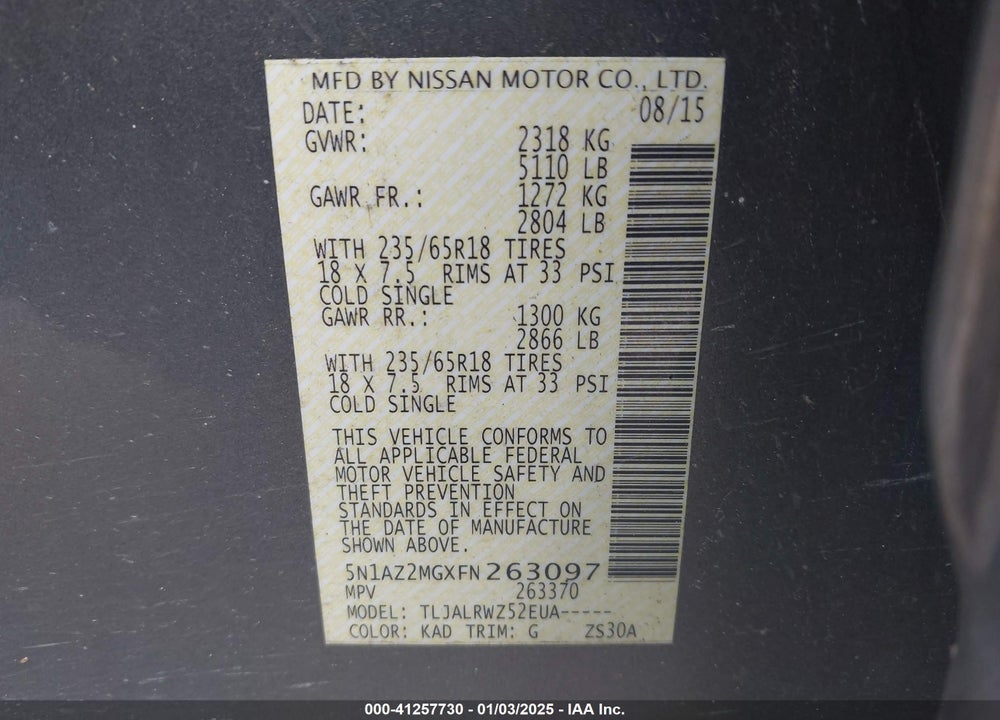 2015 NISSAN MURANO SL VIN: 5N1AZ2MGXFN263097