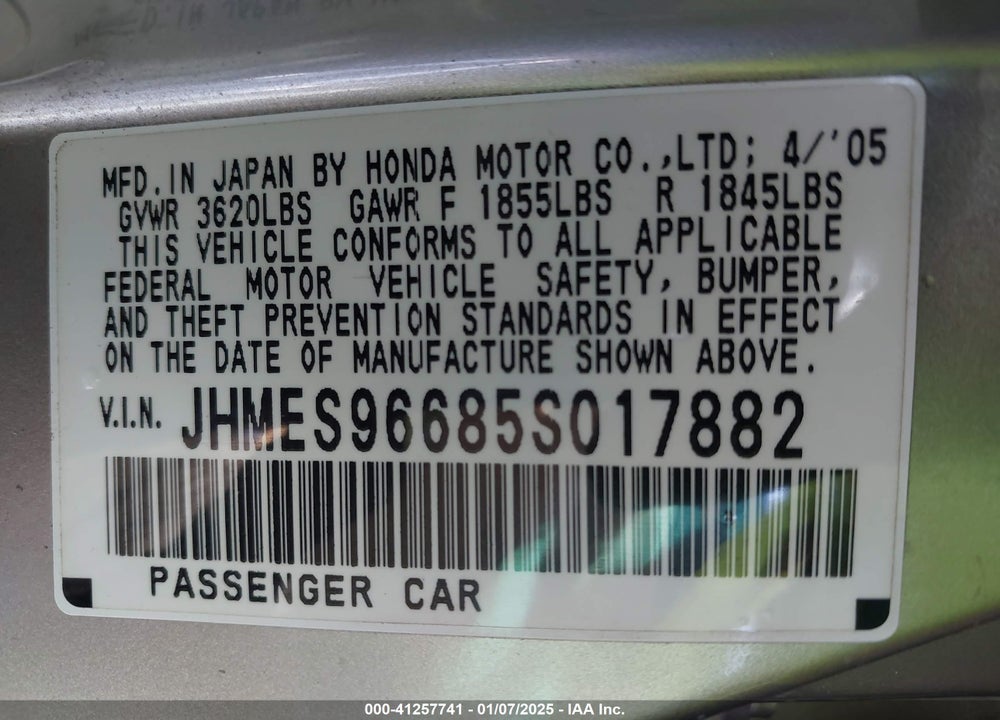 2005 HONDA CIVIC HYBRID VIN: JHMES96685S017882