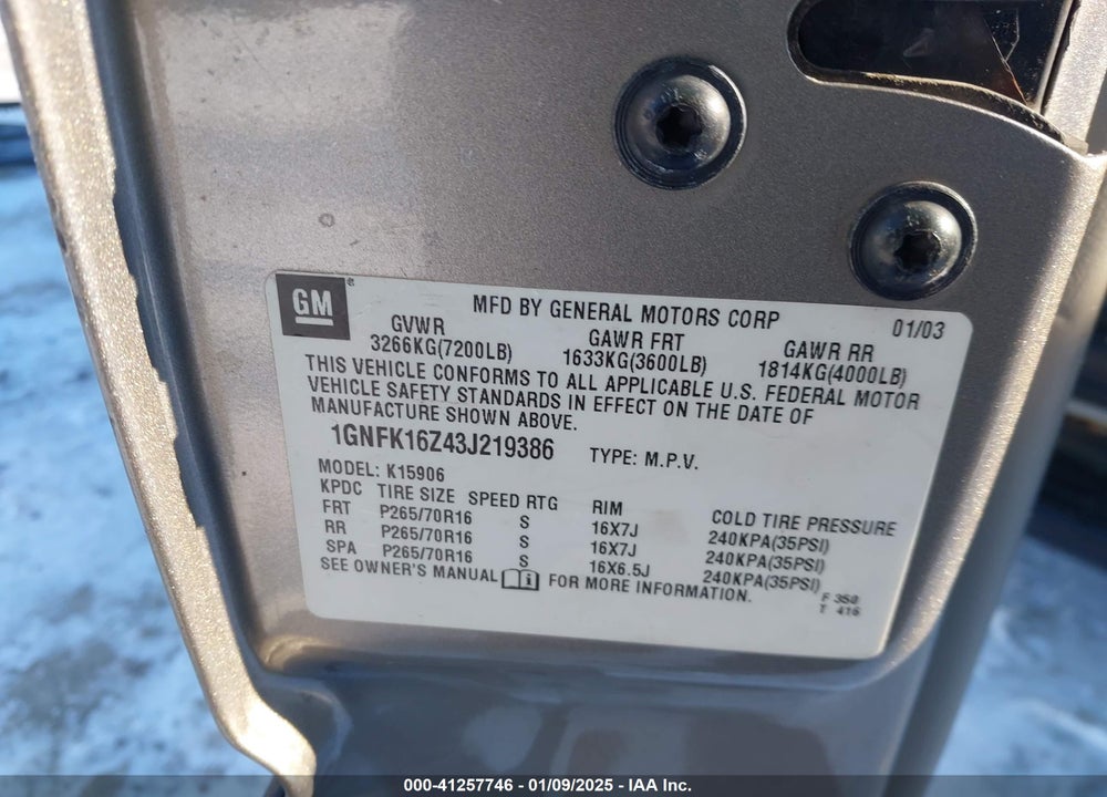 2003 CHEVROLET SUBURBAN 1500 LS VIN: 1GNFK16Z43J219386