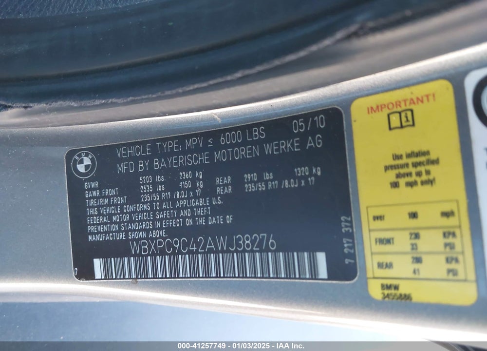 2010 BMW X3 XDRIVE30I VIN: WBXPC9C42AWJ38276