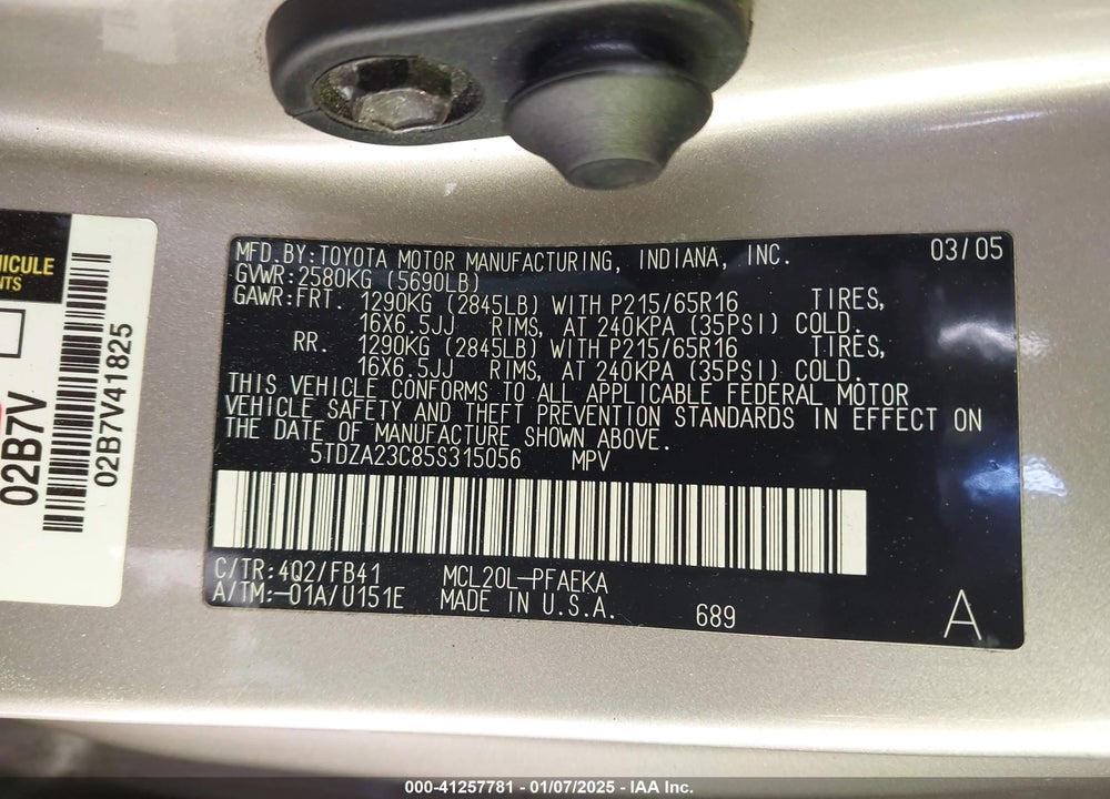 2005 TOYOTA SIENNA LE VIN: 5TDZA23C85S315056