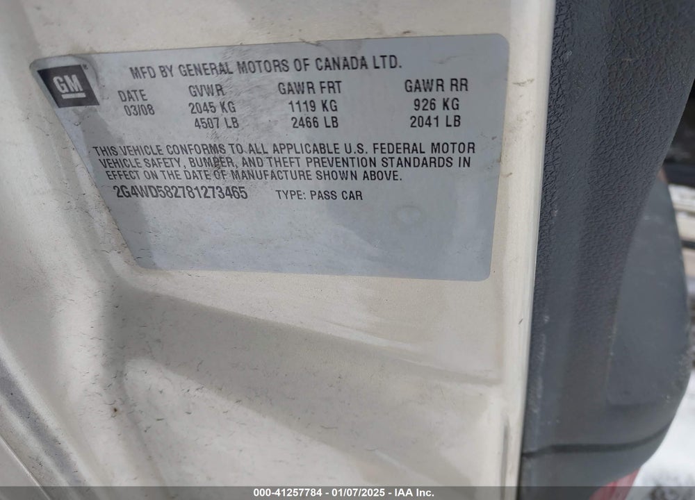 2008 BUICK LACROSSE CXL VIN: 2G4WD582781273465