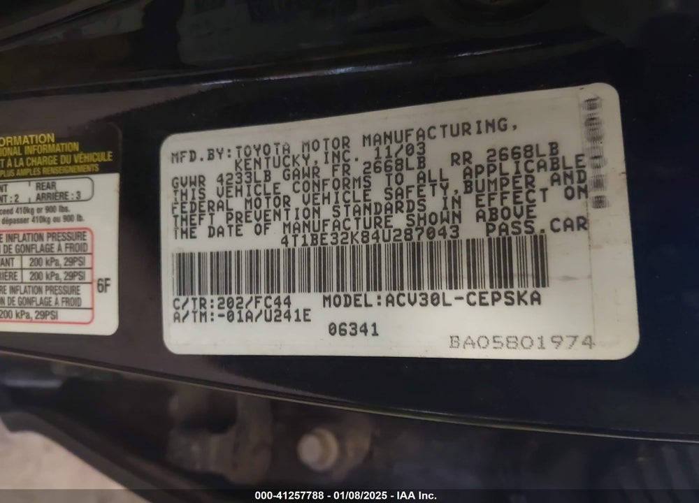2004 TOYOTA CAMRY SE VIN: 4T1BE32K84U287043