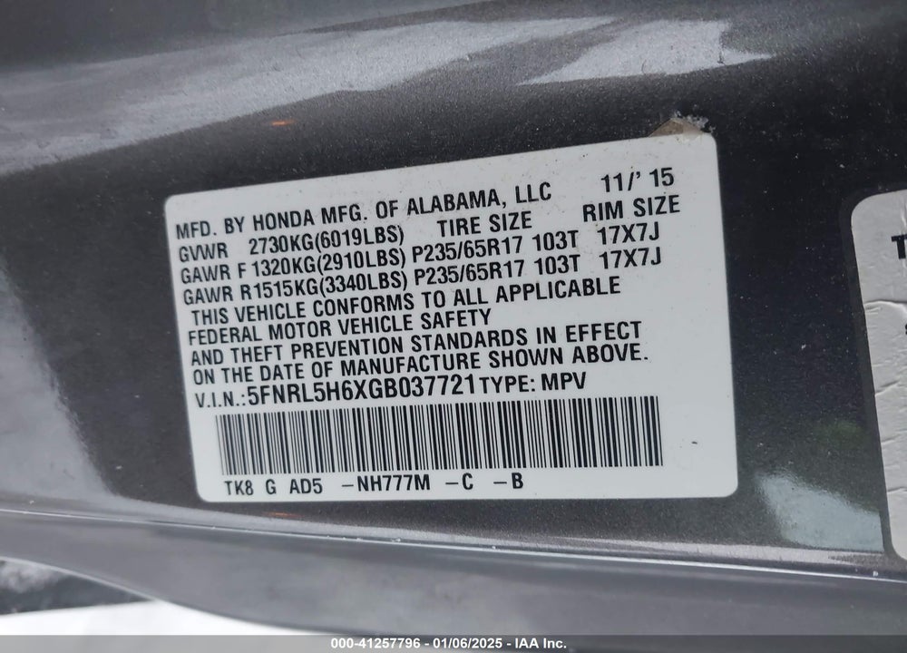 2016 HONDA ODYSSEY EX-L VIN: 5FNRL5H6XGB037721