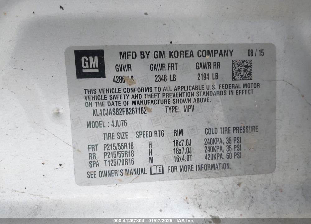 2015 BUICK ENCORE VIN: KL4CJASB2FB267162