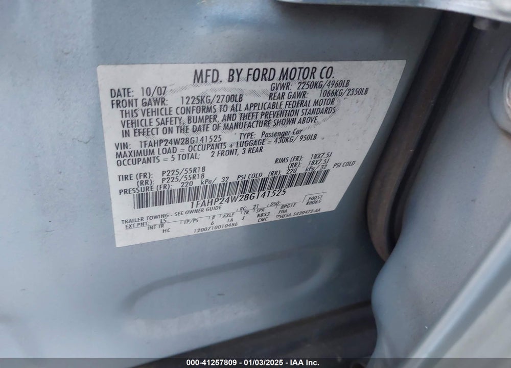 2008 FORD TAURUS SEL VIN: 1FAHP24W28G141525