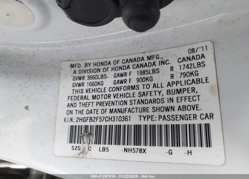 2012 HONDA CIVIC SDN LX VIN: 2HGFB2F57CH310361