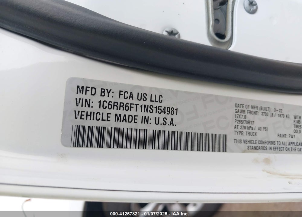 2022 RAM 1500 CLASSIC VIN: 1C6RR6FT1NS154981