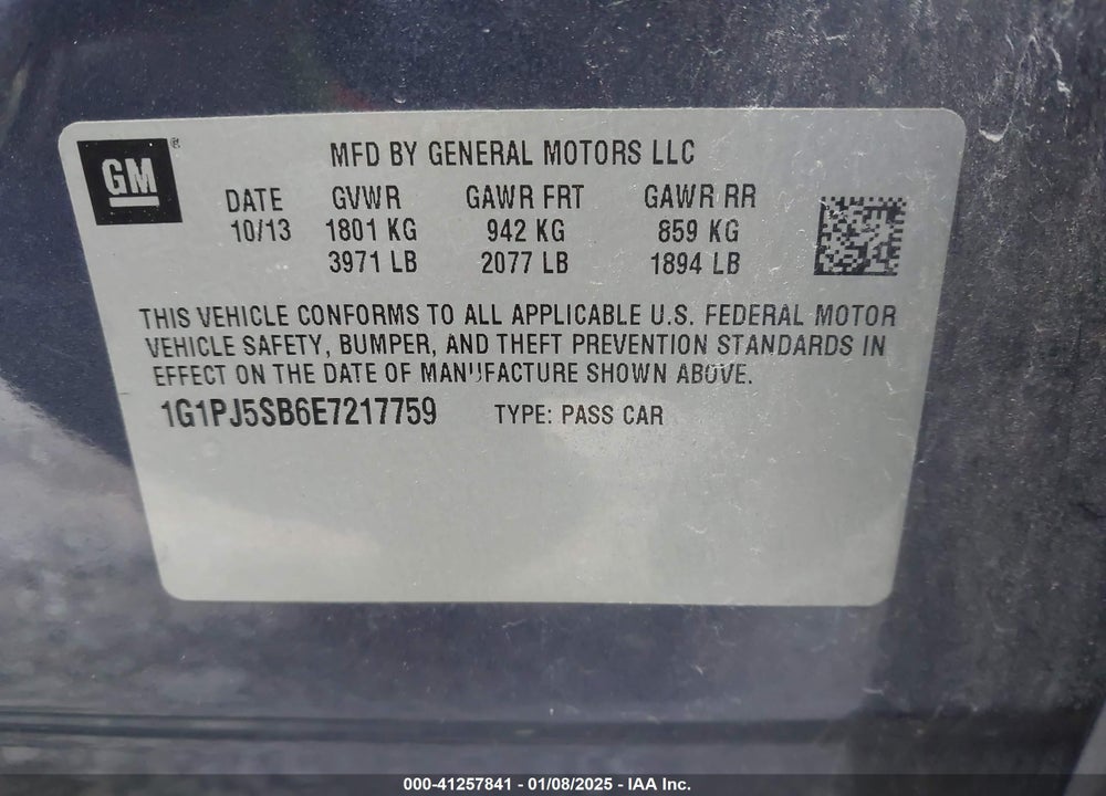 2014 CHEVROLET CRUZE ECO MANUAL VIN: 1G1PJ5SB6E7217759