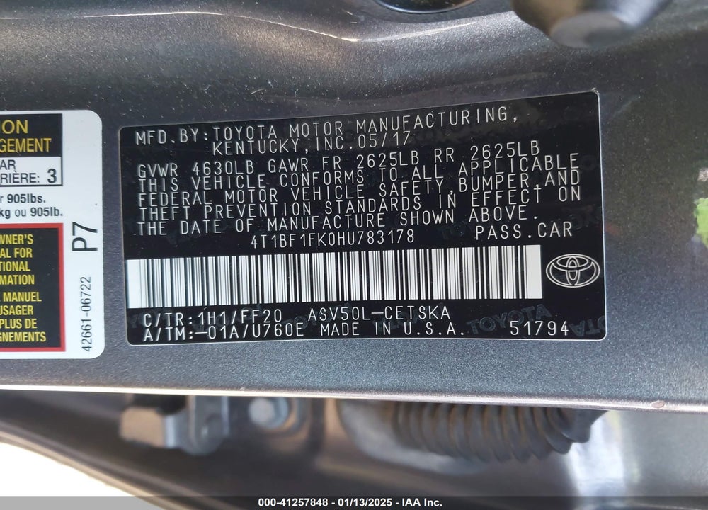 2017 TOYOTA CAMRY SE VIN: 4T1BF1FK0HU783178