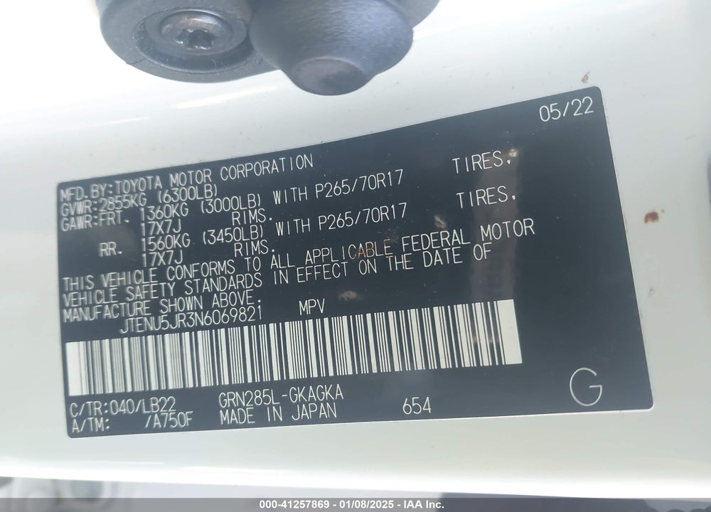 2022 TOYOTA 4RUNNER SR5 PREMIUM VIN: JTENU5JR3N6069821