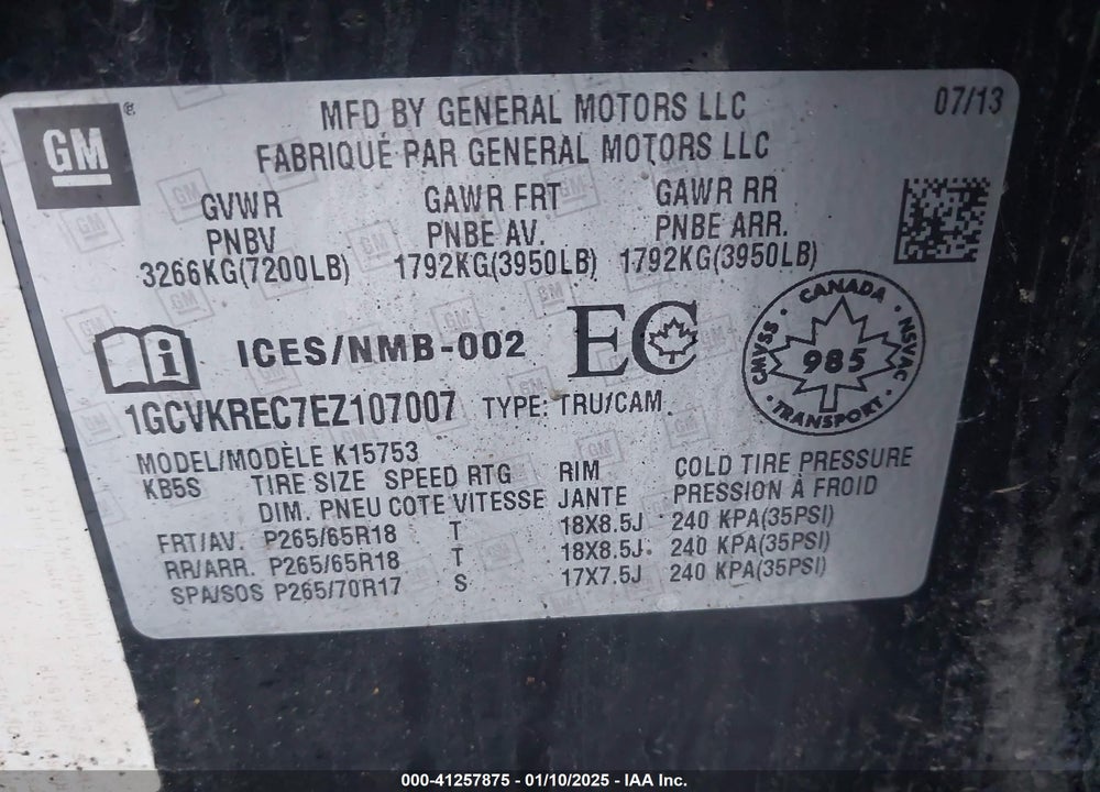 2014 CHEVROLET SILVERADO 1500 VIN: 1GCVKREC7EZ107007