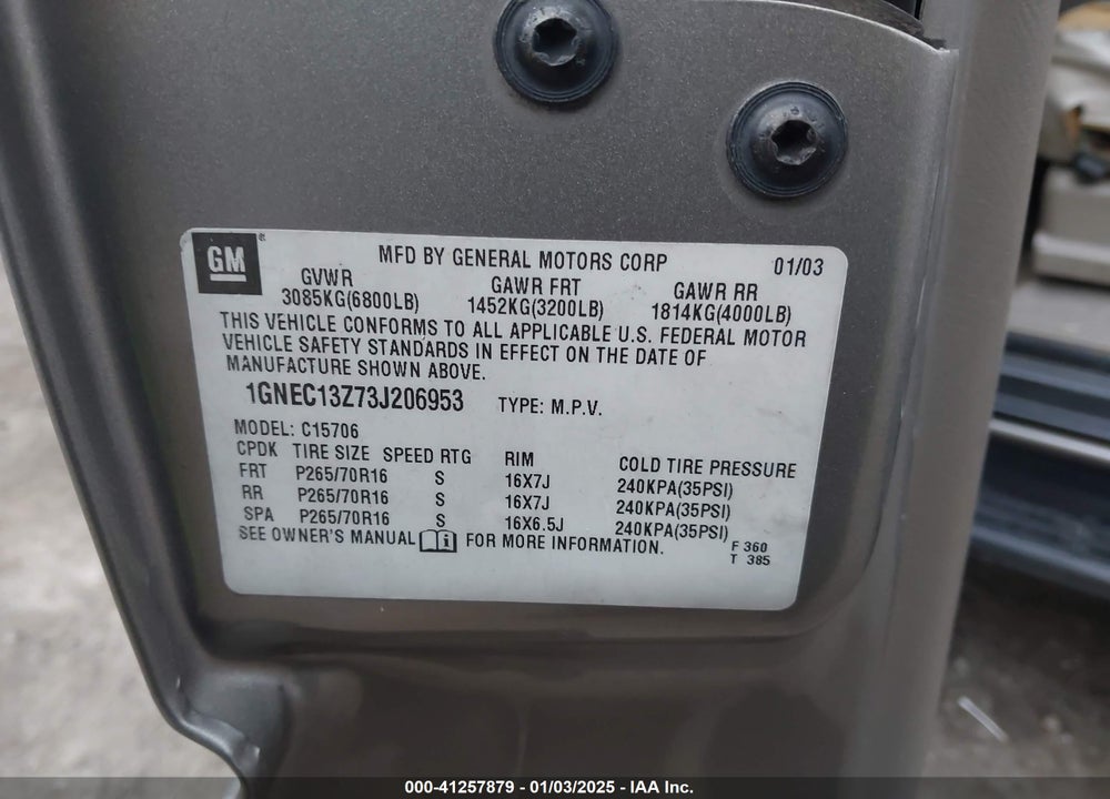 2003 CHEVROLET TAHOE LT VIN: 1GNEC13Z73J206953