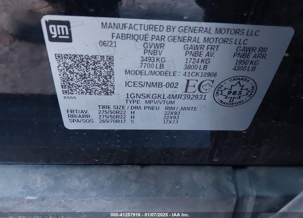 2021 CHEVROLET SUBURBAN VIN: 1GNSKGKL4MR392931