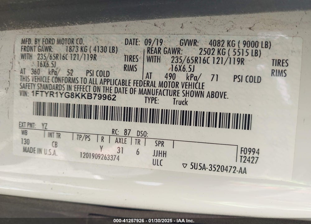 2019 FORD TRANSIT-250 VIN: 1FTYR1YG8KKB79962