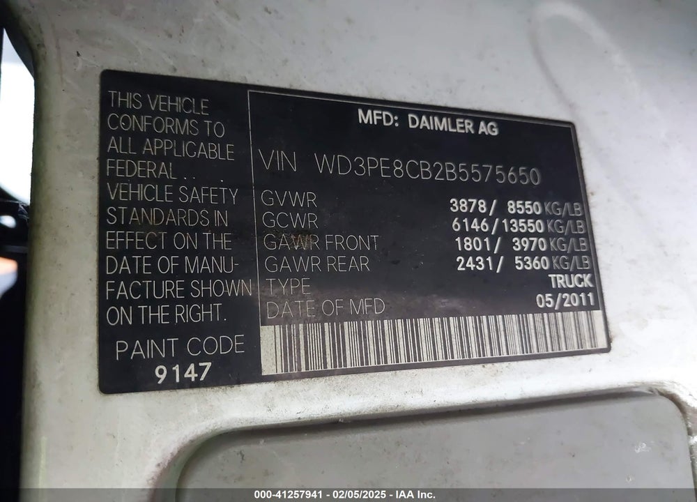 2011 MERCEDES-BENZ SPRINTER 2500 HIGH ROOF VIN: WD3PE8CB2B5575650