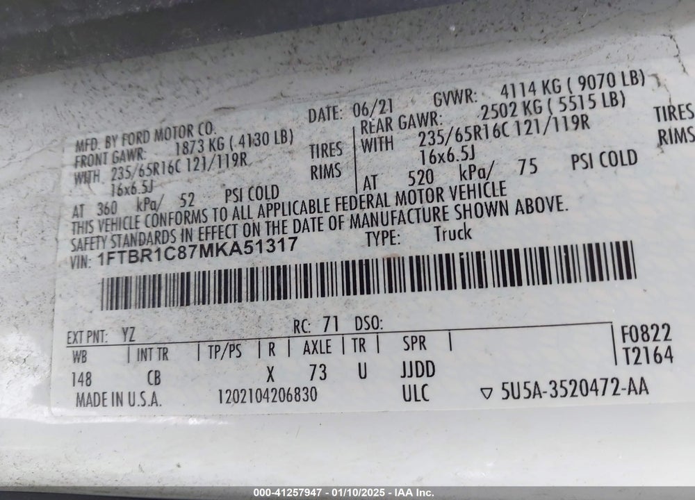 2021 FORD TRANSIT-250 VIN: 1FTBR1C87MKA51317