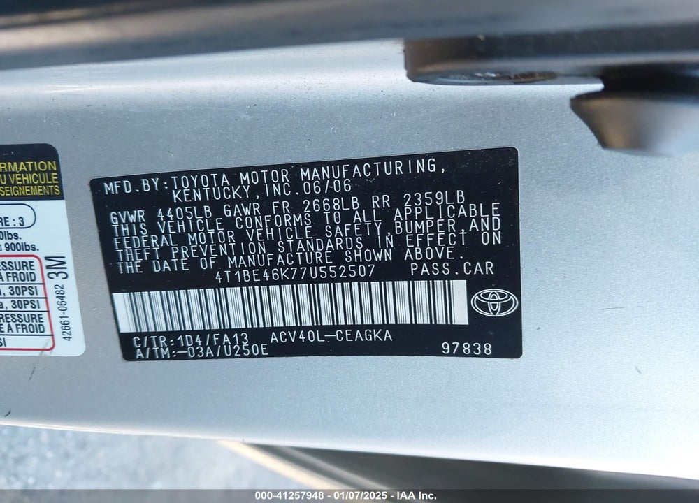 2007 TOYOTA CAMRY XLE VIN: 4T1BE46K77U552507