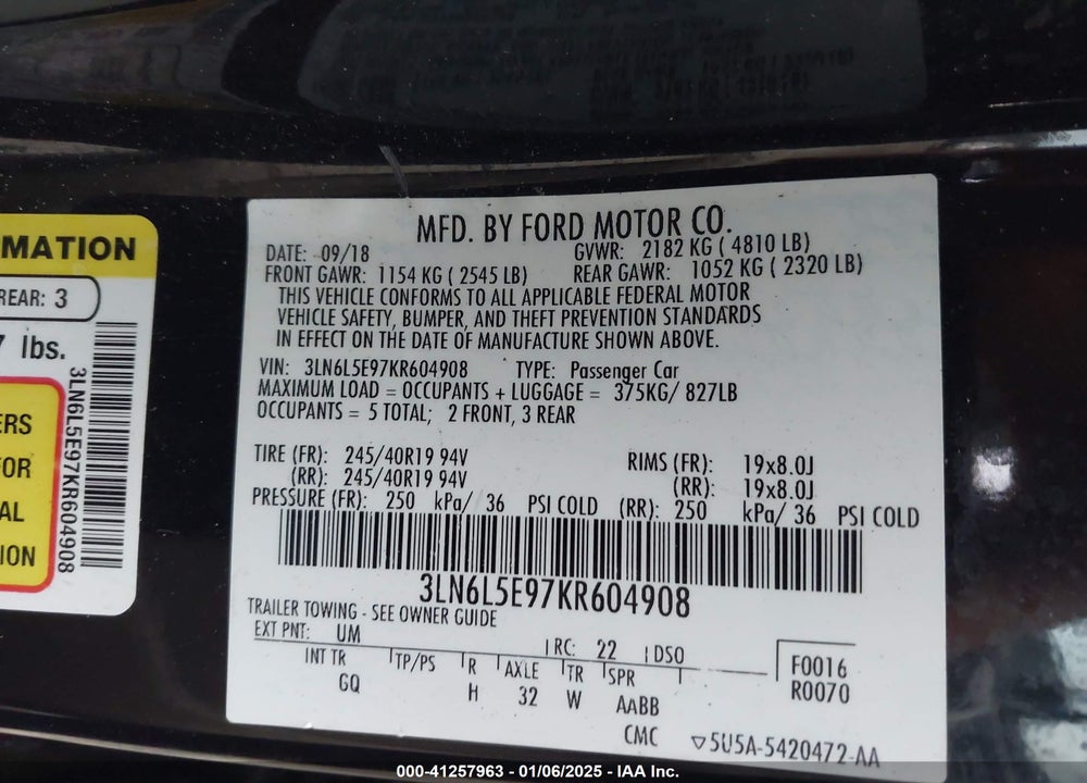 2019 LINCOLN MKZ VIN: 3LN6L5E97KR604908