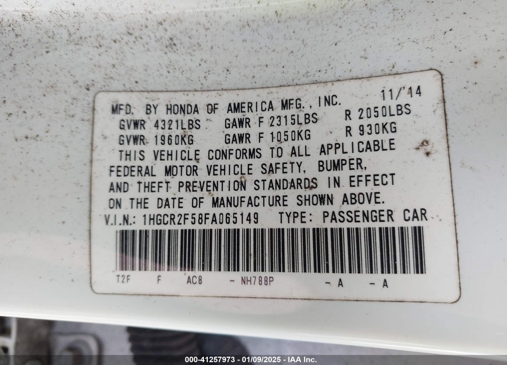 2015 HONDA ACCORD VIN: 1HGCR2F58FA065149