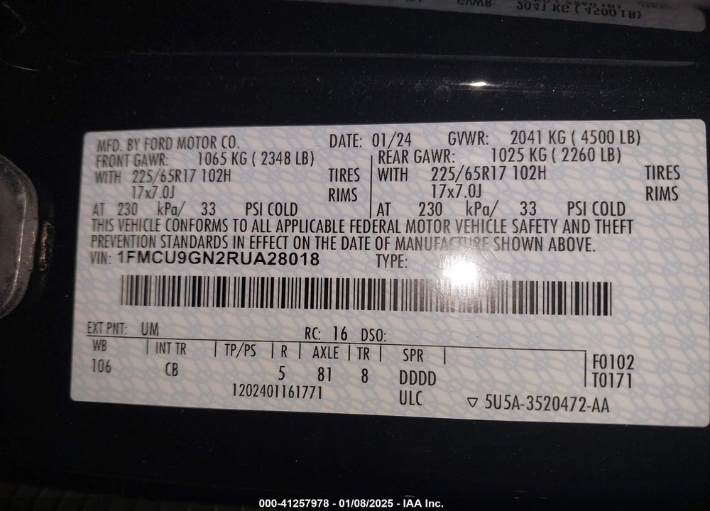 2024 FORD ESCAPE ACTIVE VIN: 1FMCU9GN2RUA28018