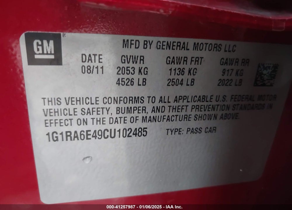 2012 CHEVROLET VOLT VIN: 1G1RA6E49CU102485
