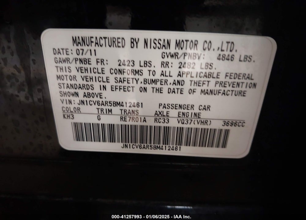 2011 INFINITI G37X VIN: JN1CV6AR5BM412461