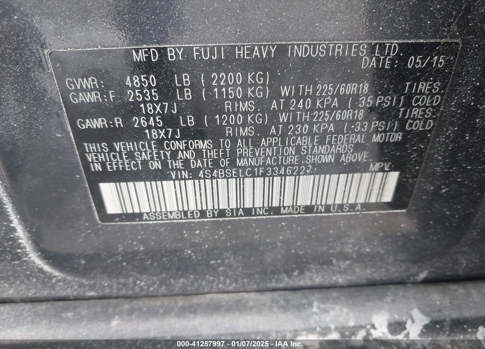 2015 SUBARU OUTBACK 3.6R LIMITED VIN: 4S4BSELC1F3346227