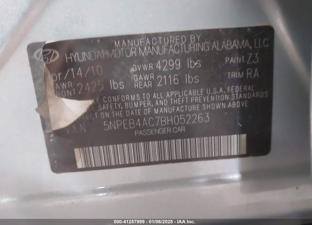 2011 HYUNDAI SONATA VIN: 5NPEB4AC7BH052263