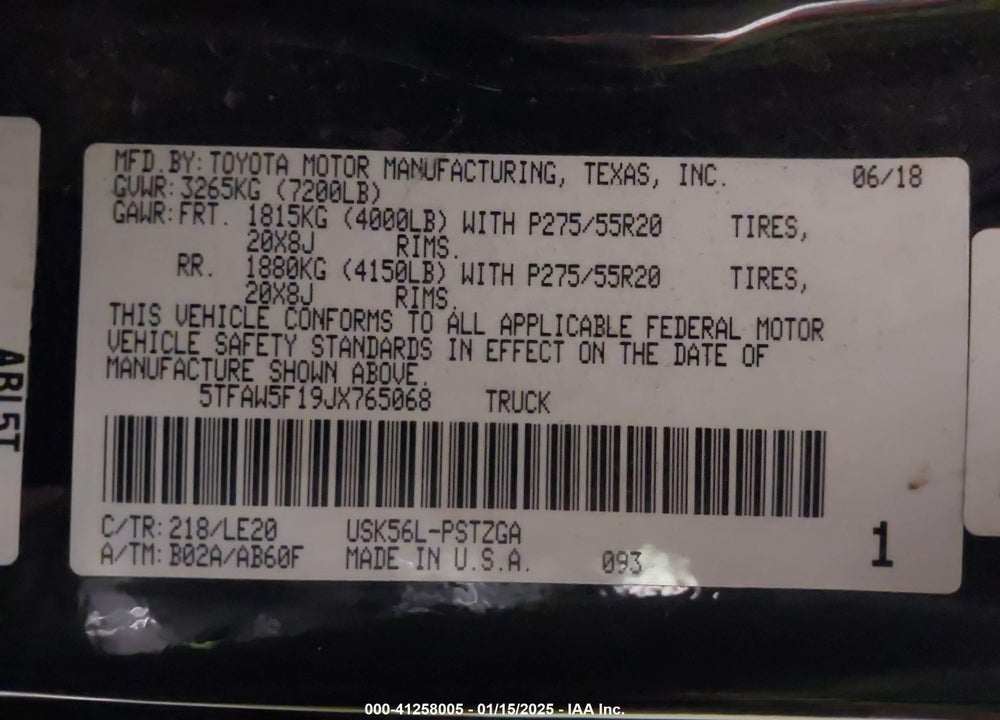 2018 TOYOTA TUNDRA PLATINUM 5.7L V8 VIN: 5TFAW5F19JX765068