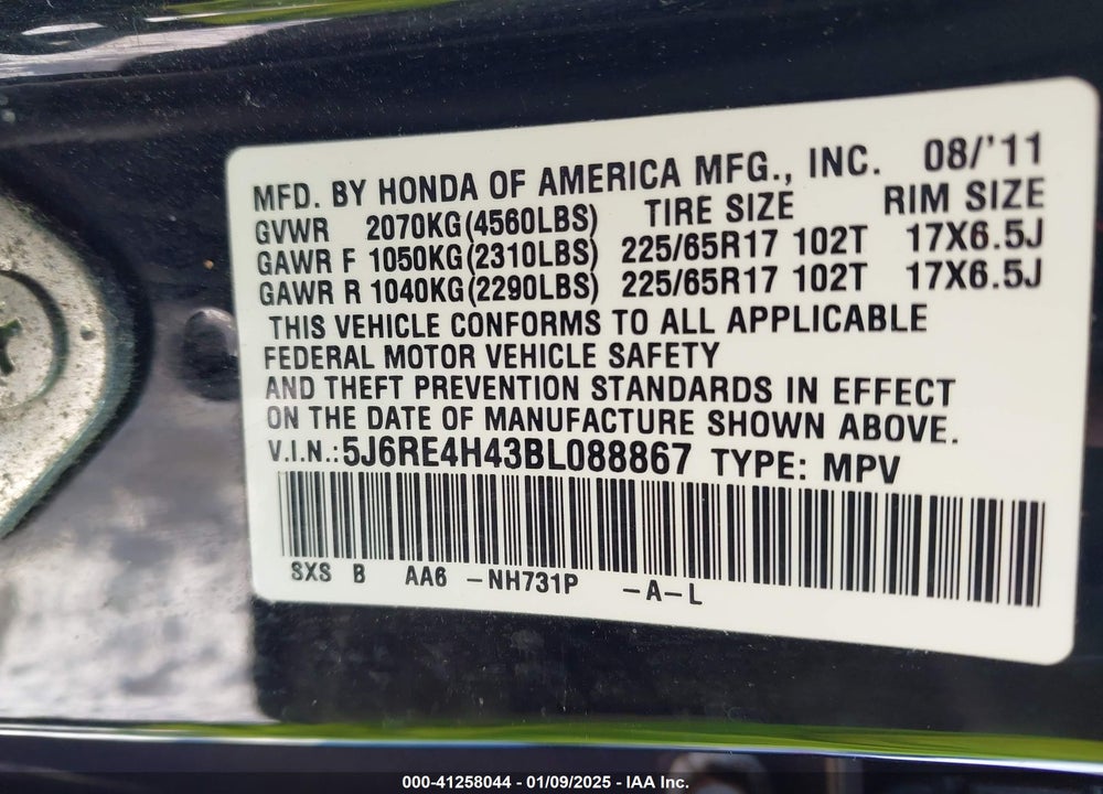 2011 HONDA CR-V SE VIN: 5J6RE4H43BL088867