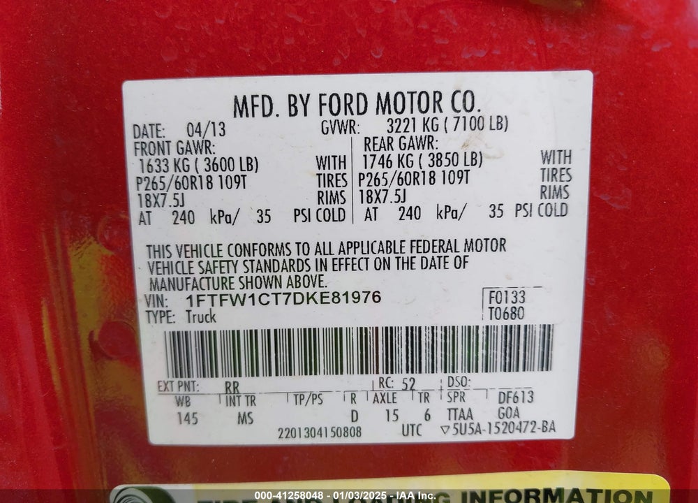 2013 FORD F-150 XLT VIN: 1FTFW1CT7DKE81976