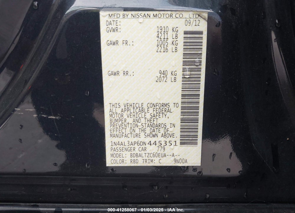 2013 NISSAN ALTIMA 2.5 SV VIN: 1N4AL3AP6DN445351